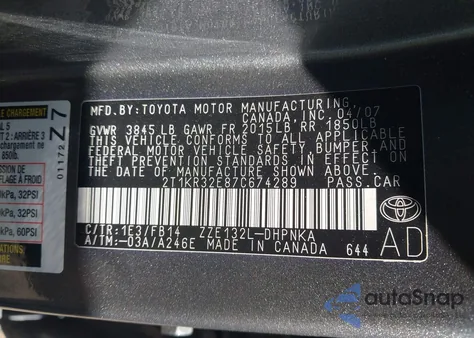 2007 Toyota Matrix Xr z USA, uszkodzony, nr VIN 2T1KR32E87C674289